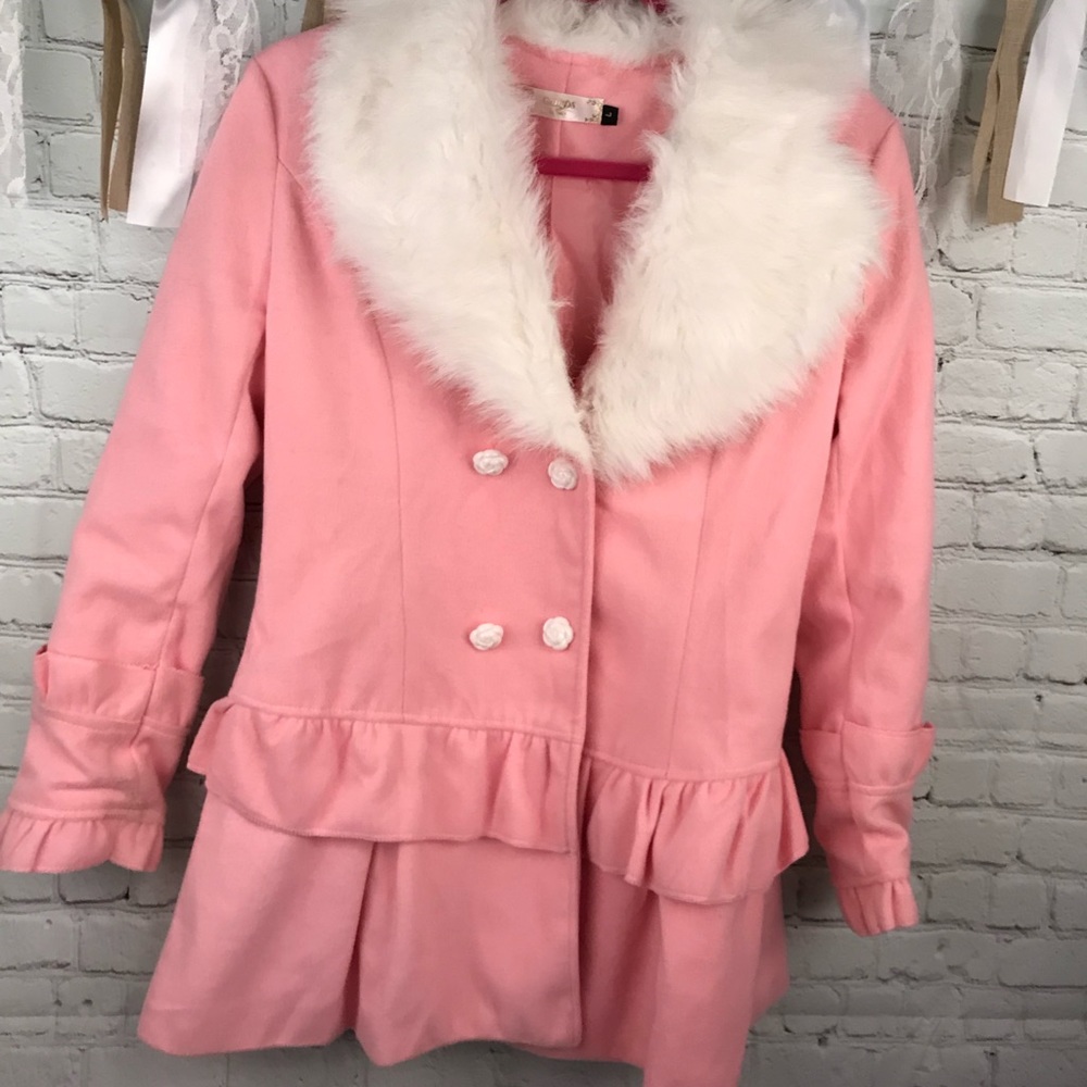 Golds girls Large pink pea coat faux fur